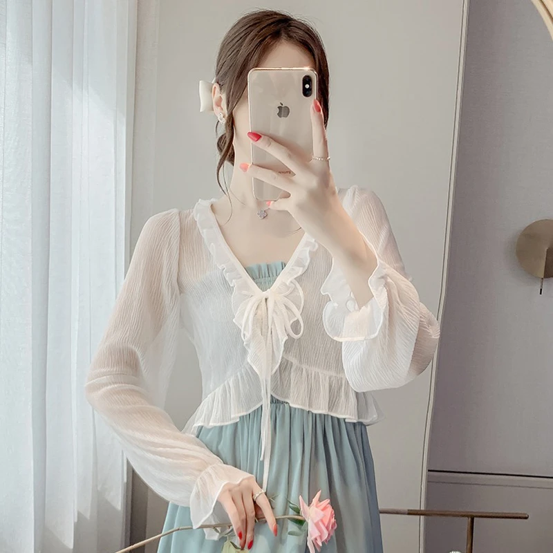 白色冰丝雪纺开衫女夏季薄款配吊带裙子外搭蕾丝罩衫披肩外套