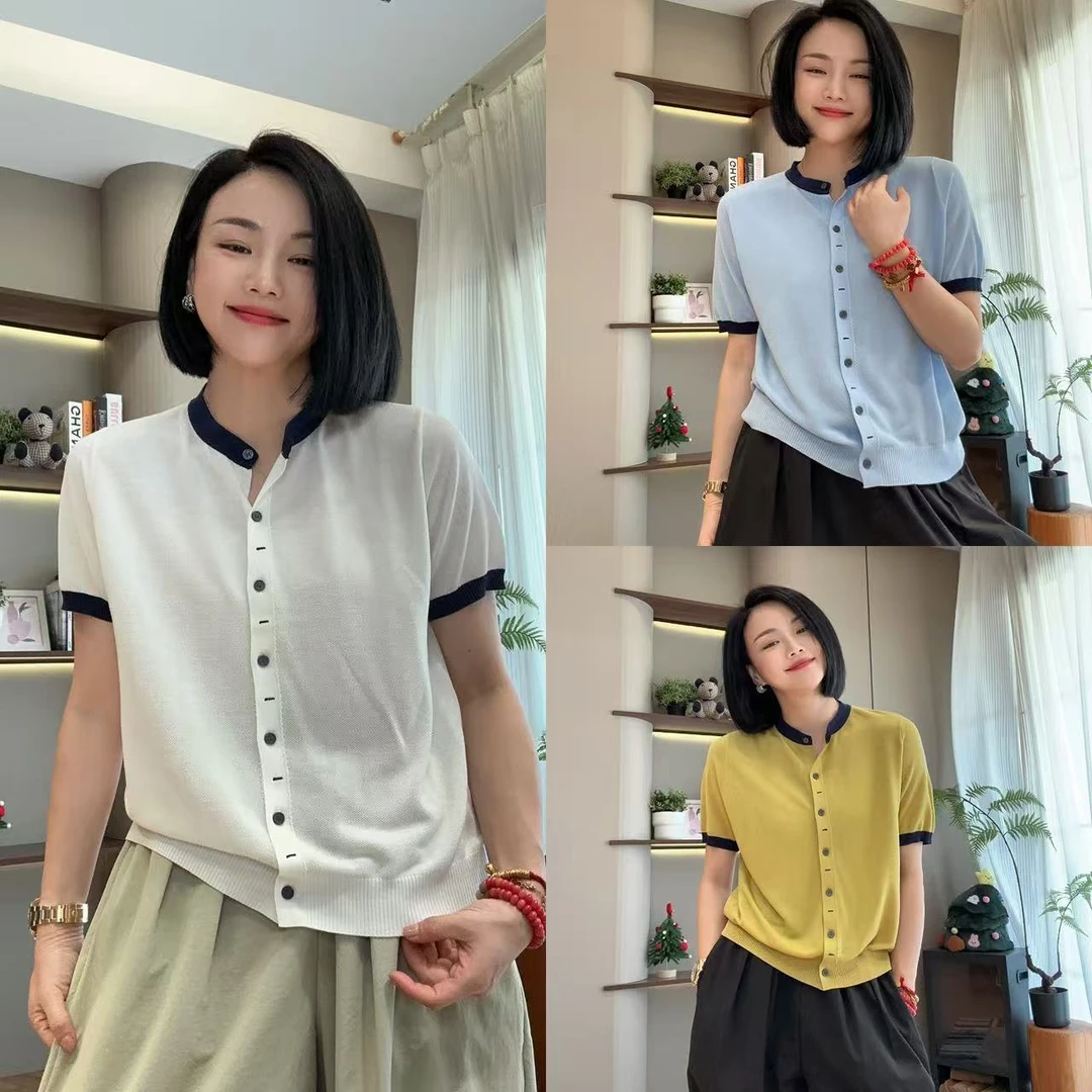 精致翘楚撞色边短袖开衫针织衫5-5-1