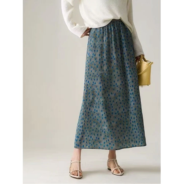 女夏仿丝薄款半身裙显瘦气质长裙仿真丝印花透气百搭松紧腰裙