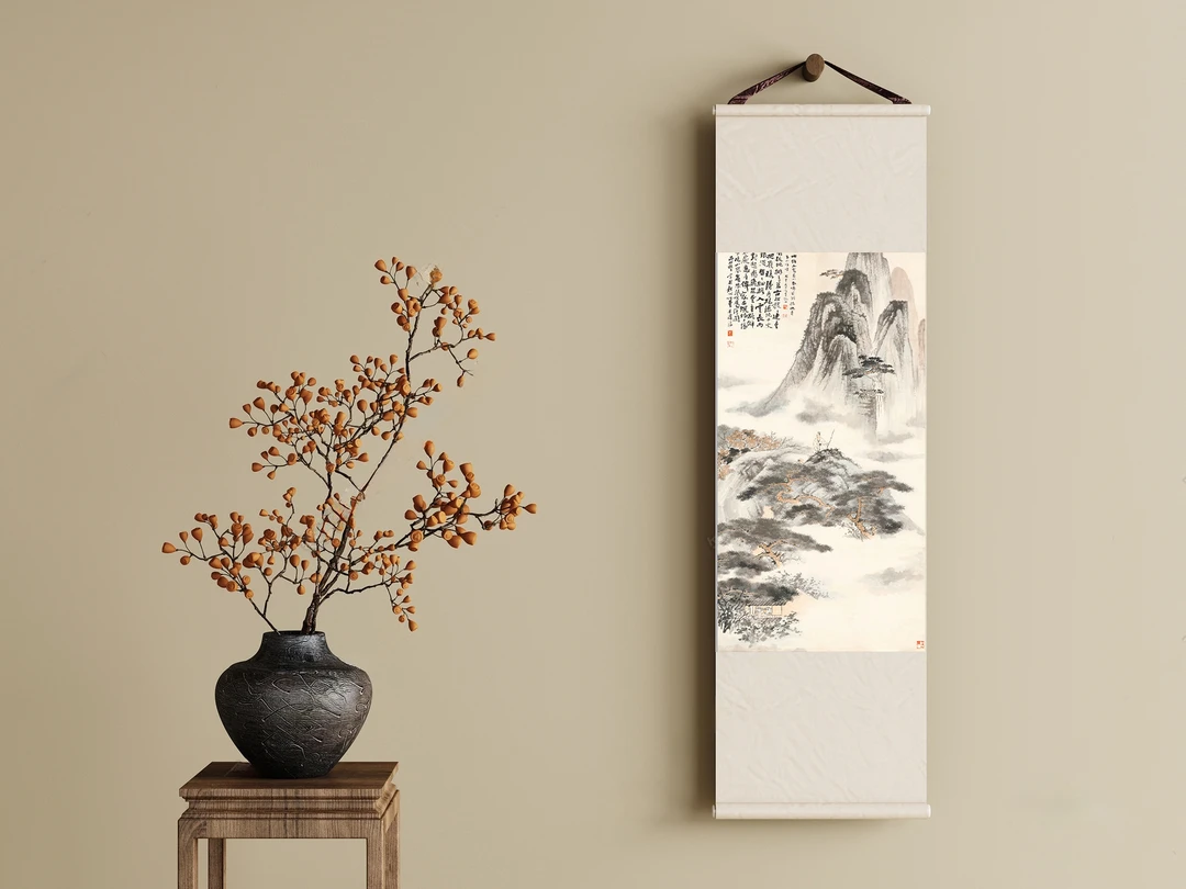 新中式山水卷轴挂画适合入户门玄关书房茶室装饰