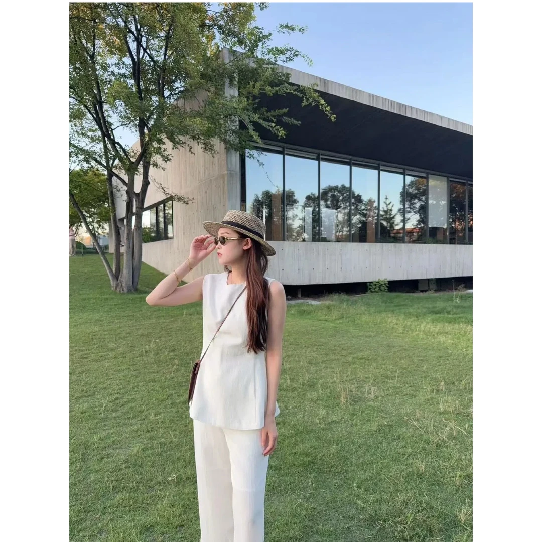 【文文专属】老钱风天丝亚麻简约夏季套装女上衣+裤子两件套