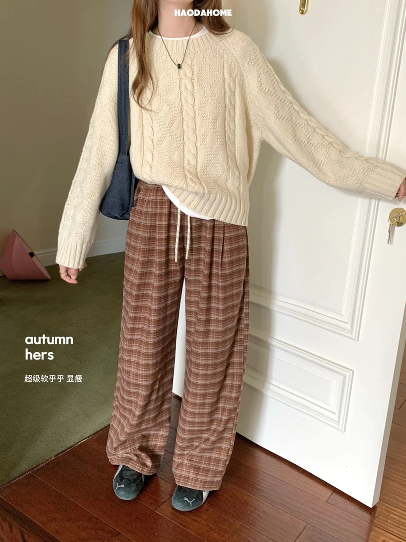 米娅米娅林阔腿裤磨毛休闲格子垂感显瘦韩版秋冬春季高腰休闲裤