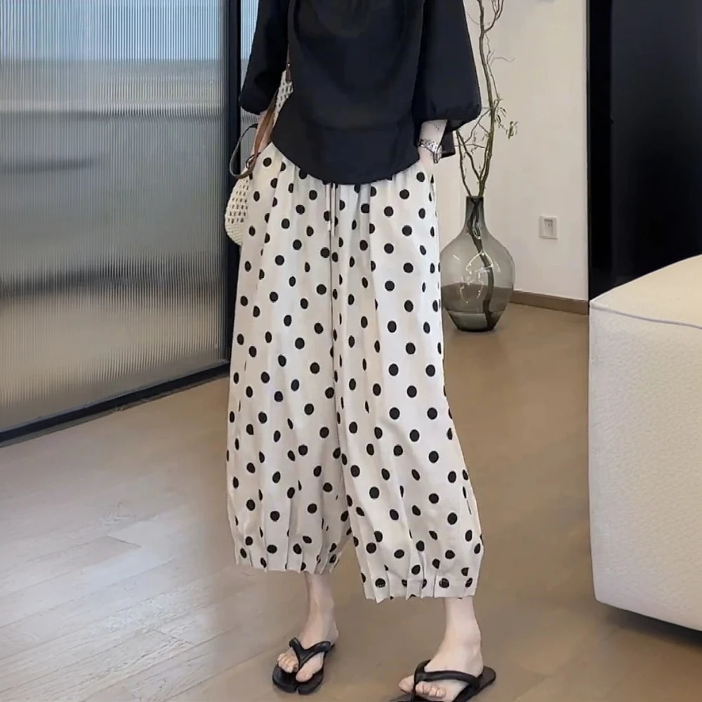 小波点阔腿裤休闲裤子女夏季新款胖mm显瘦萝卜裤九分裤薄款直筒裤
