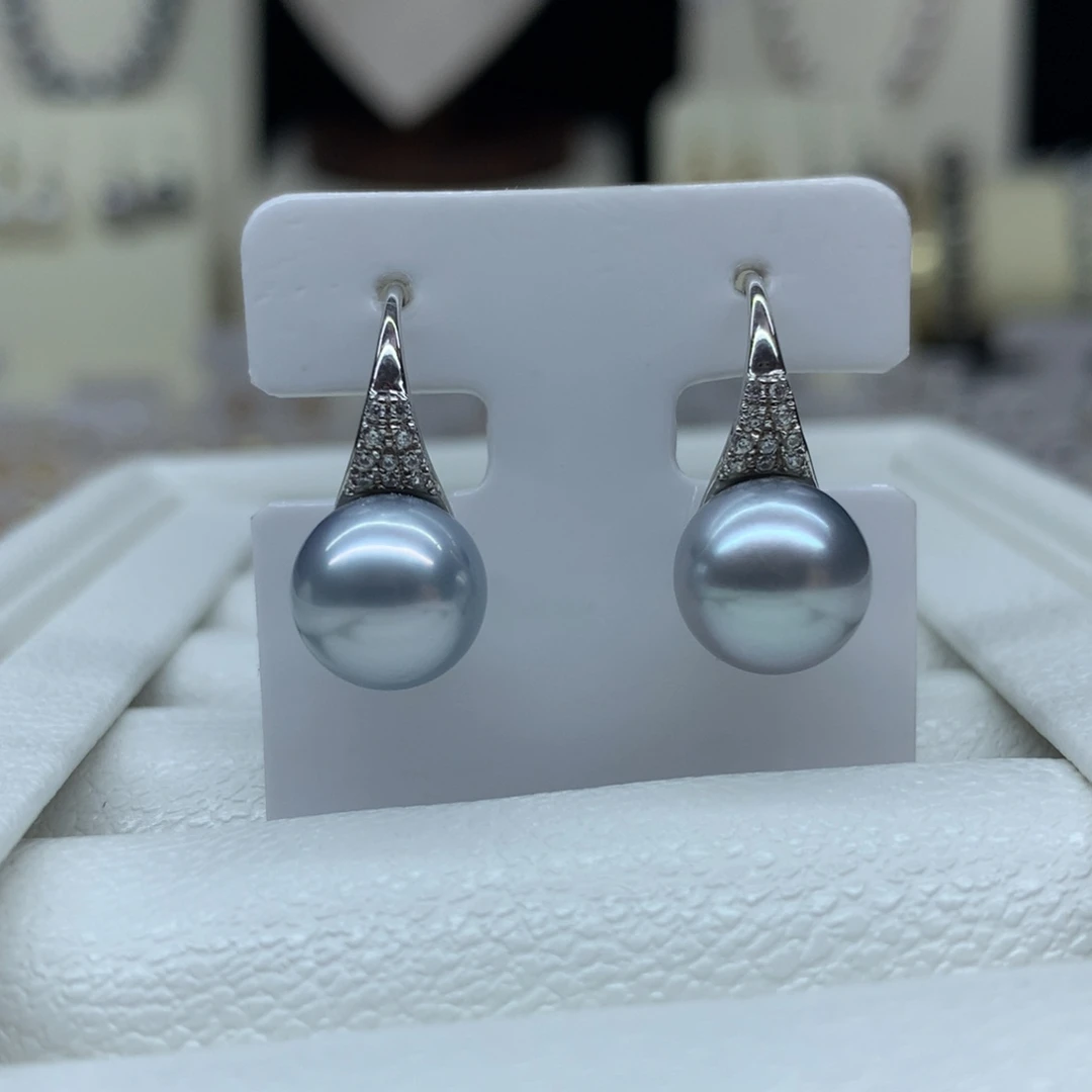 耳饰海水珍珠18K金镶嵌9.4mm黑珍珠耳钩