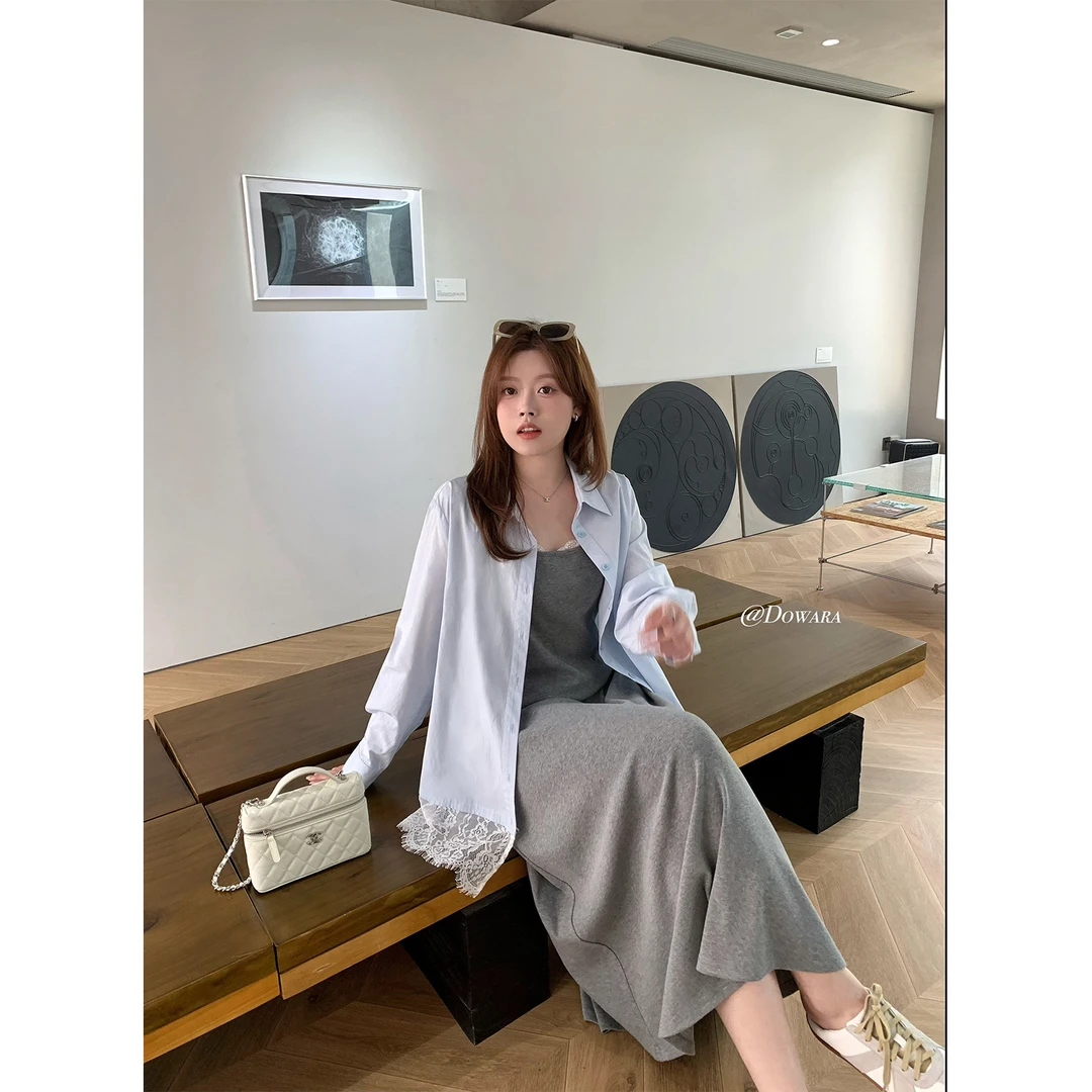 现货大婉酱微胖定制设计感蕾丝拼接衬衫春夏宽松衬衣外套女 6926D