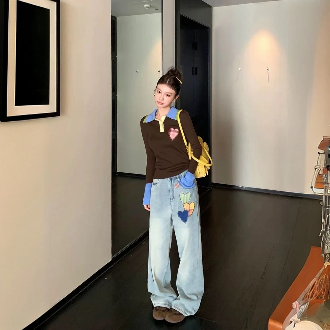 美式复古设计感爱心贴补牛仔裤女2025春街头拼色刺绣阔腿拖地长裤