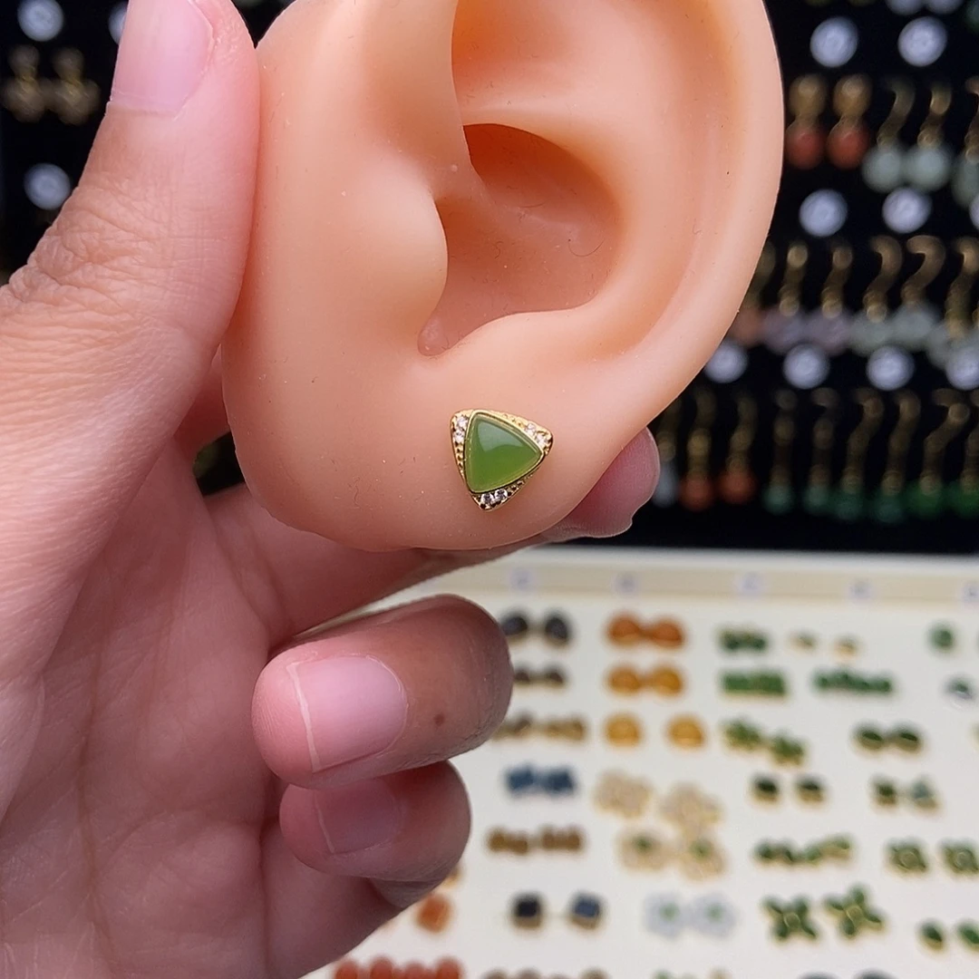 和田玉银S925镀金镶嵌耳饰