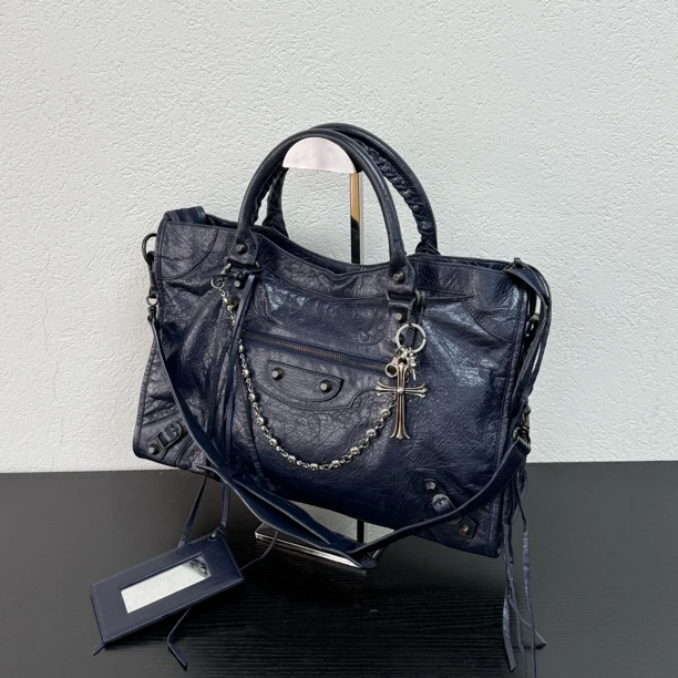 95新 Balenciaga/巴黎世家 深蓝色中号机车斜挎包 123685