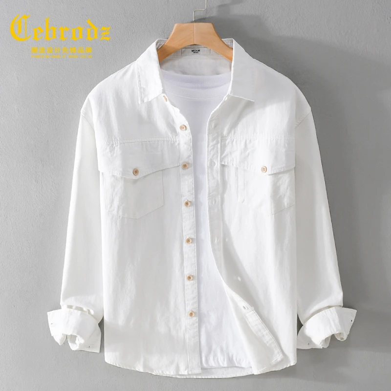法国Cebrodz日系长袖衬衫男士夏秋翻领工装衬衣纯色休闲外套男装