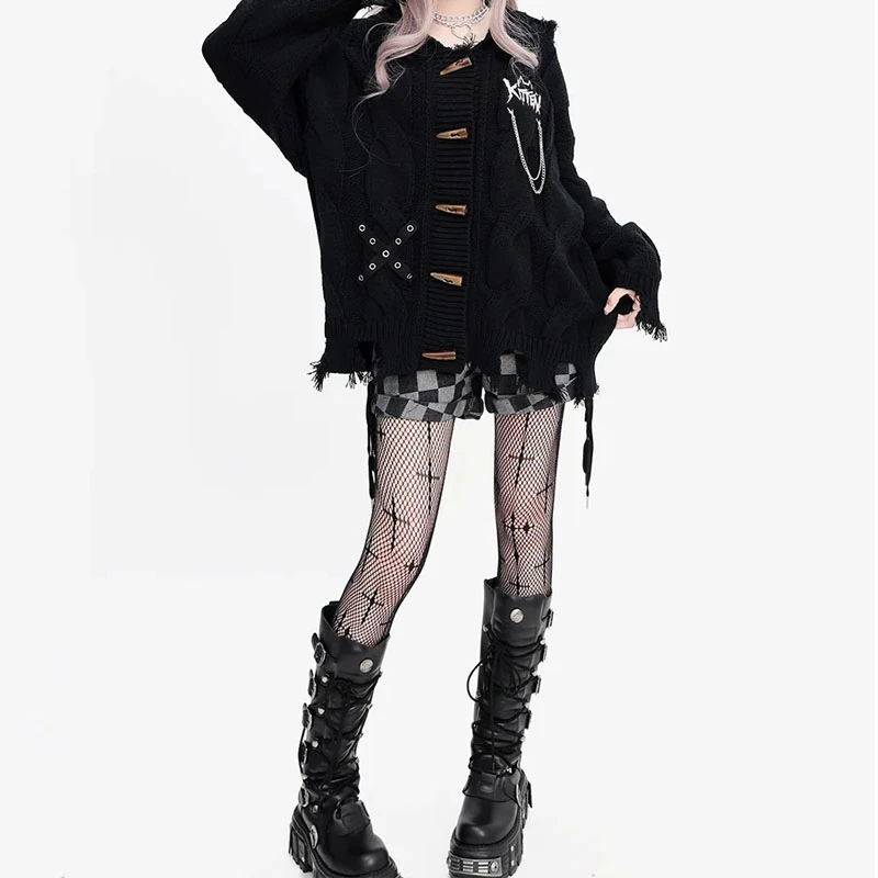 黑色渔网袜十字架丝袜哥特风朋克暗黑系y2k亚文化连裤袜复古小众