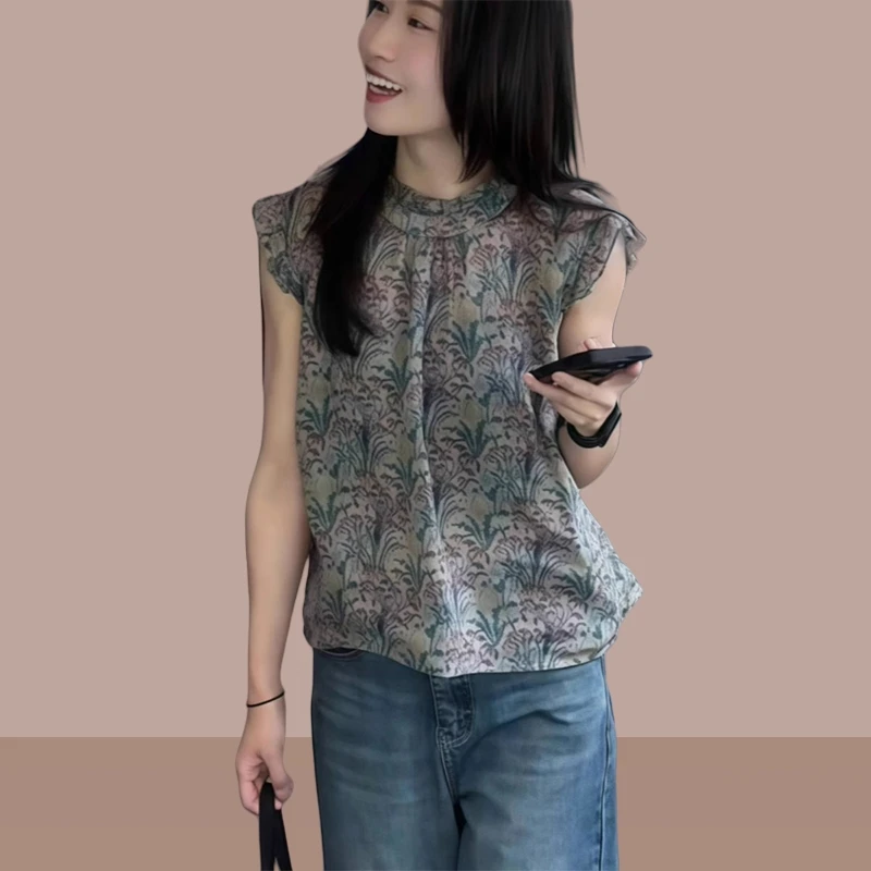 法式复古无袖上衣女夏季2025年独特别致超好看洋气减龄小飞袖衬衫