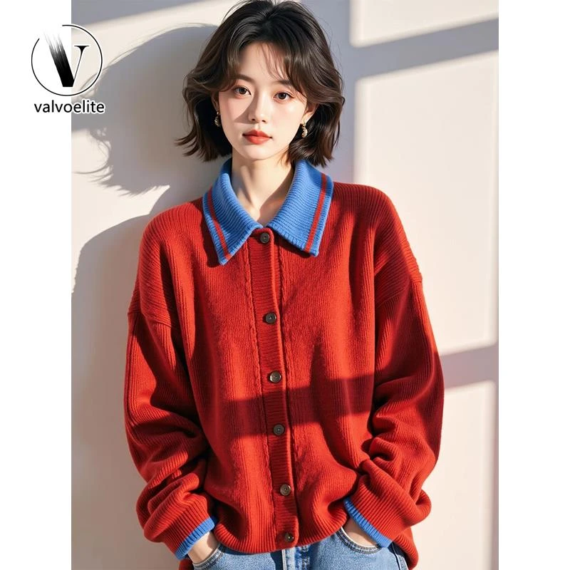 VALVOELITE独特超好看撞色毛衣开衫女春新款外套慵懒宽松针织上衣