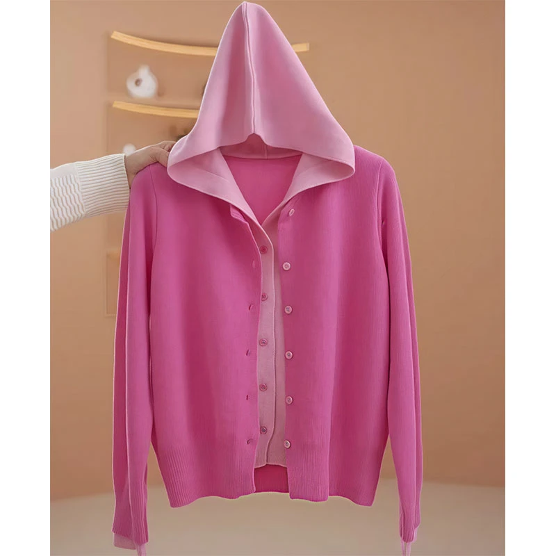 连帽毛衣女设计感假两件针织衫秋冬新款小众慵懒风减龄撞色上衣潮