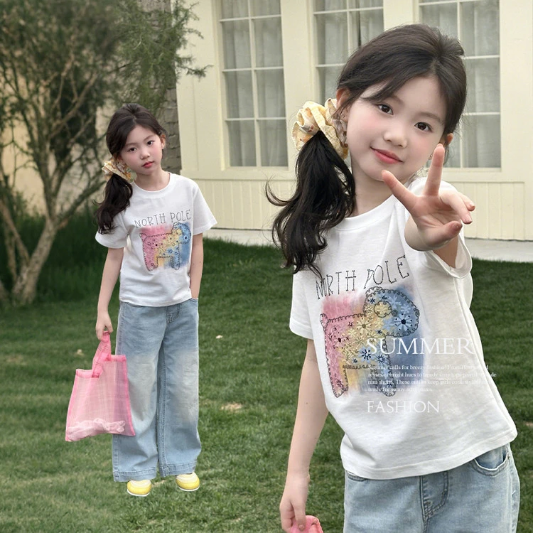 女童短袖洋气时髦夏装2025新款小狗晕染t恤儿童夏季薄款上衣5136
