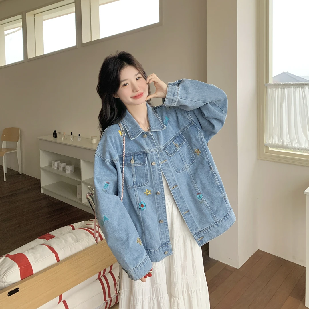 韩系牛仔刺绣外套女2025秋新款设计感气质减龄时尚百搭独特短夹克