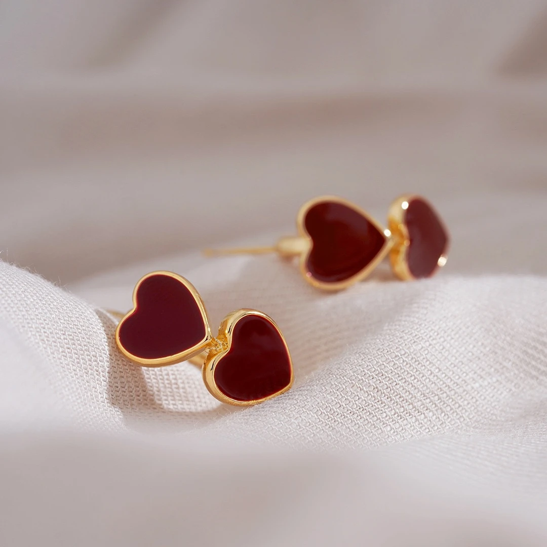 铜合金耳饰 925酒红双桃心法式复古耳环高级感港风独特耳钉-C120