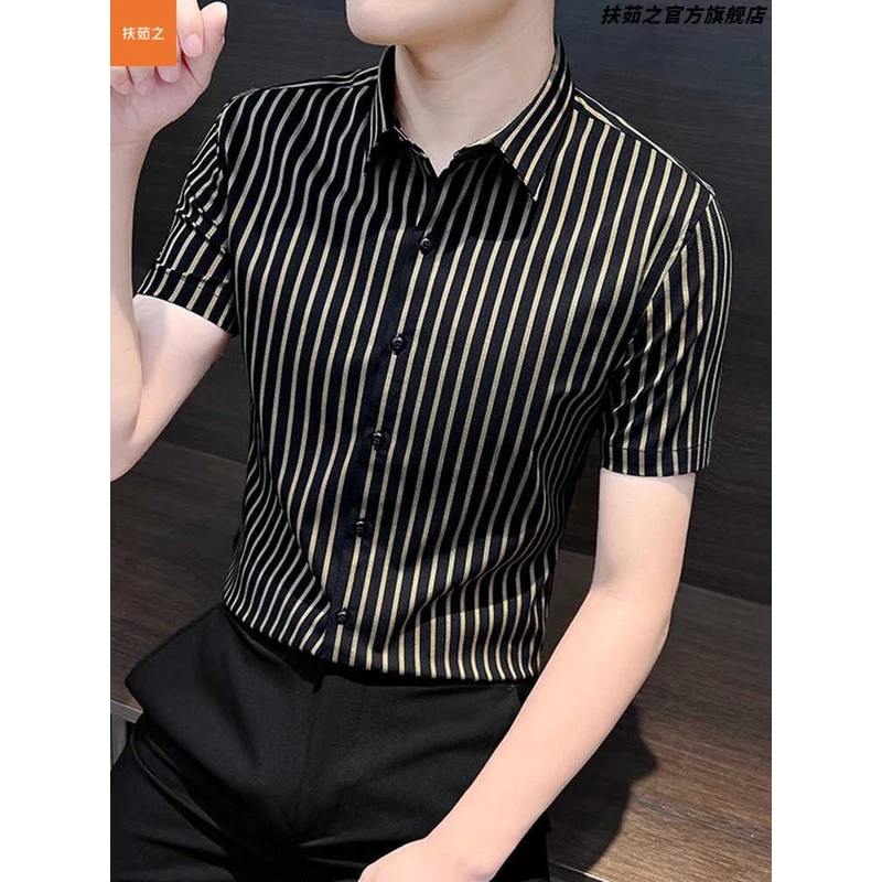条纹衬衫男士短袖夏季冰丝薄款潮牌商务休闲正装衬衣痞帅潮流寸衣