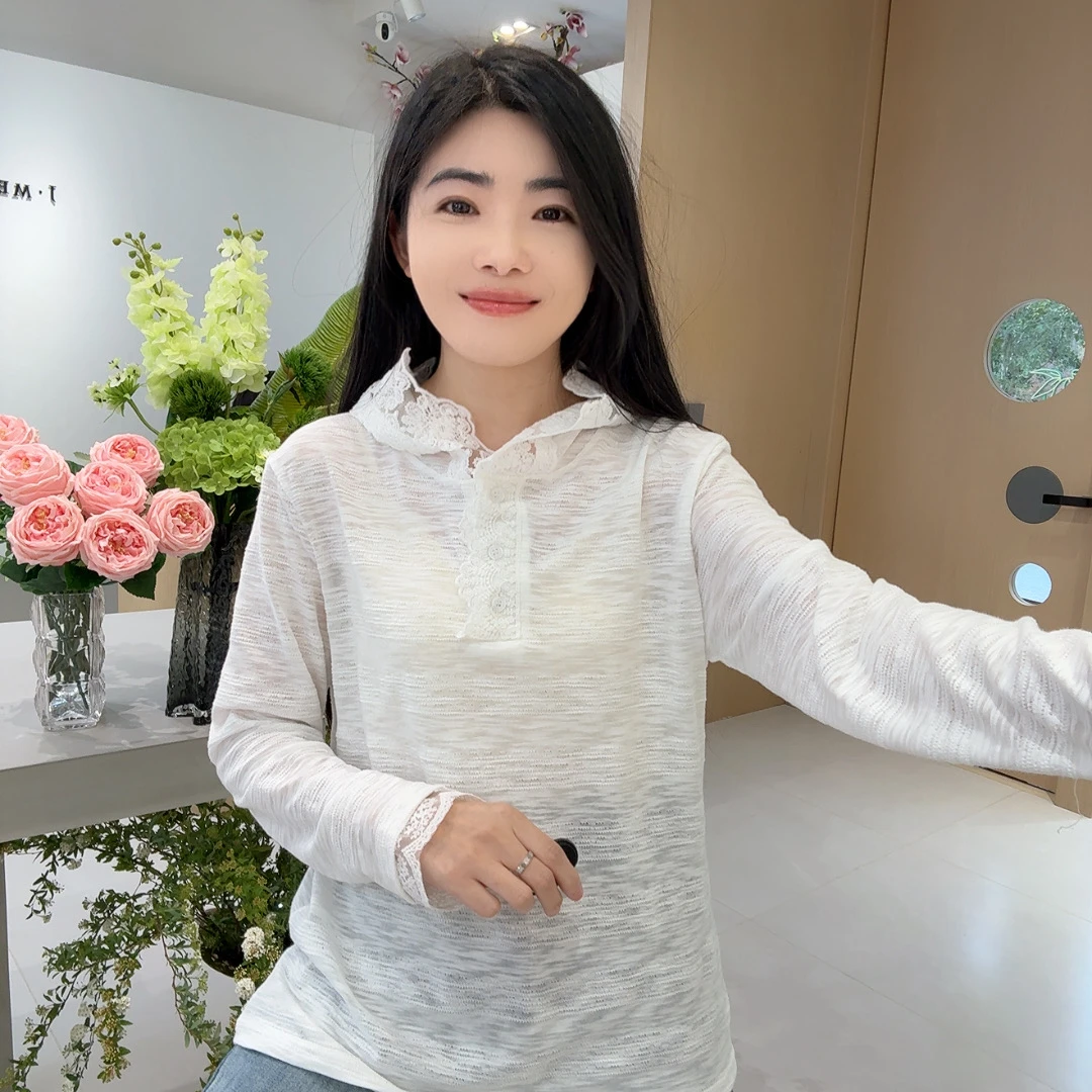 QC 253104 韩版蕾丝拼接连帽宽松显瘦长袖t恤