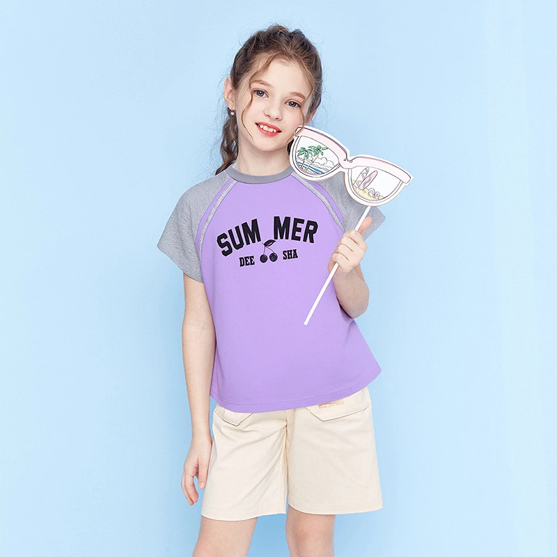 笛莎童装短袖上衣25年新款时尚洋气儿童插肩袖圆领T恤女童夏季