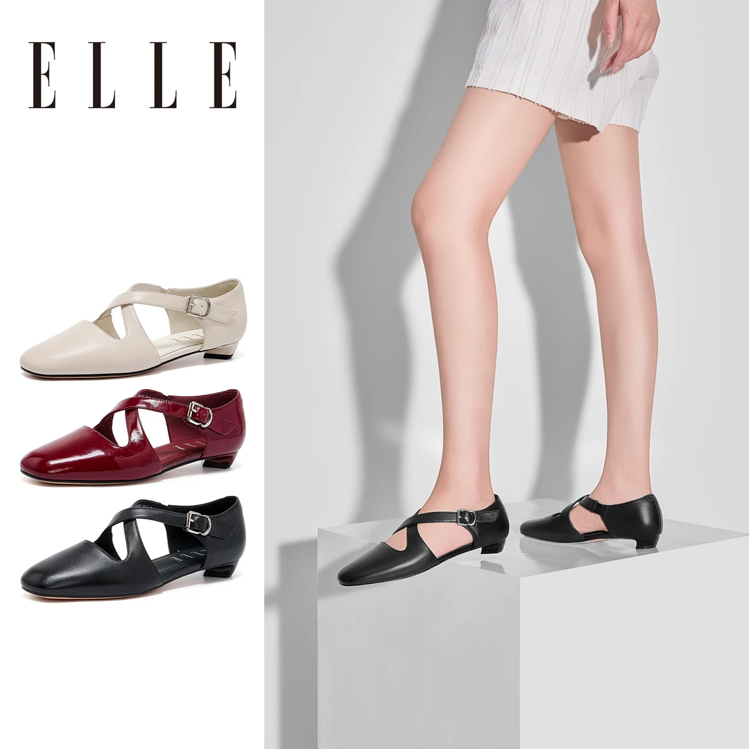ELLE交叉带复古玛丽珍鞋女低跟平底方头罗马单鞋百搭时尚黑色凉鞋