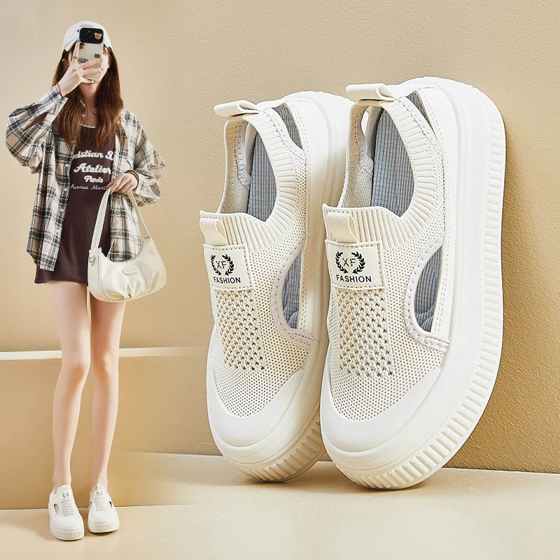 女鞋夏季2025新款透气飞织网面镂空配裙子防滑孕妇软底小白鞋板鞋