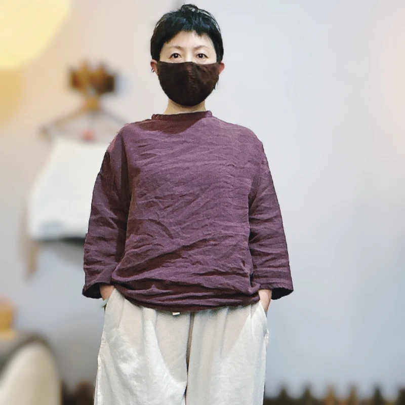 606四季款亚麻文艺风一字领手工缝制套头衫休闲百搭