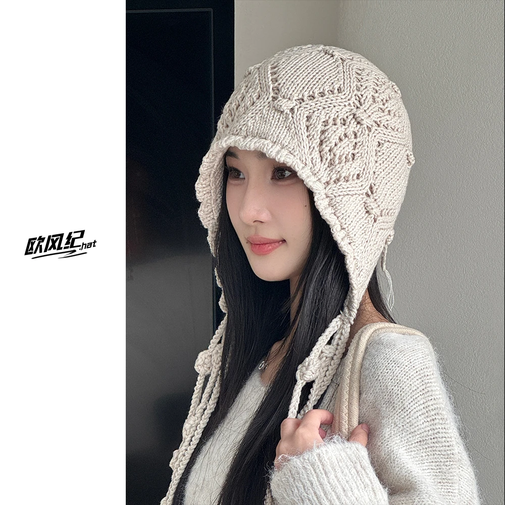 流苏毛线针织帽子女秋冬保暖护耳包头帽新款手工钩织民族风套头帽