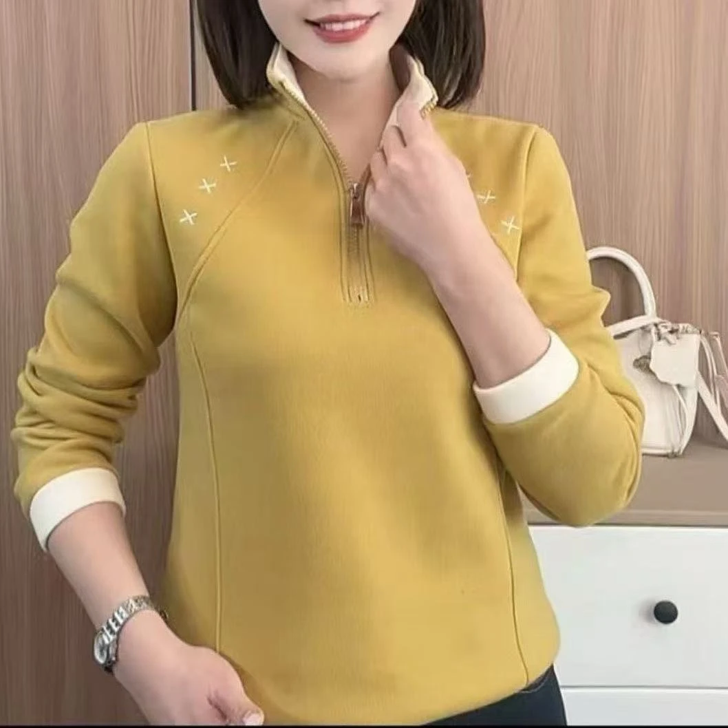 秋冬新款双面绒保暖半拉链卫衣显瘦减龄休闲宽松拼接撞色立领上衣