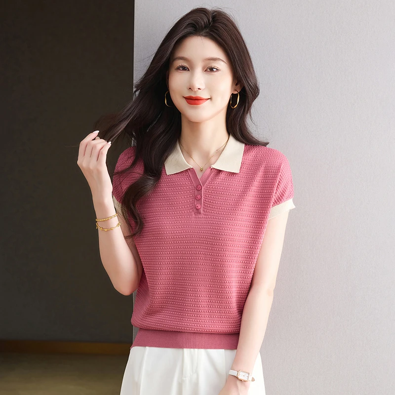 天丝100%翻领短袖纯色洋气宽松休闲针织T恤夏季简约套头百搭时尚