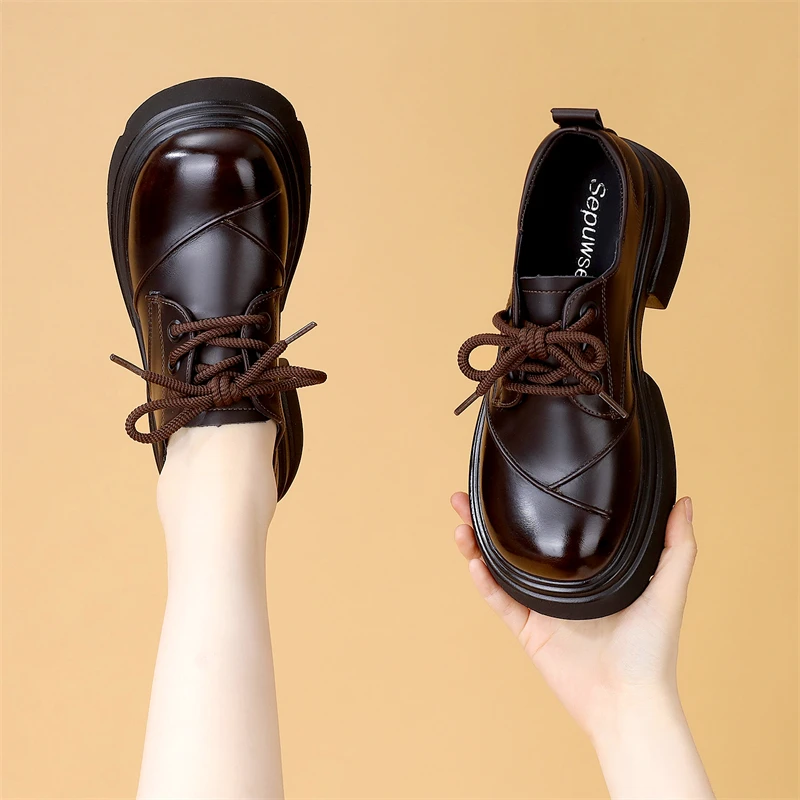法式小皮鞋女软底松糕厚底系带春季2025年乐福鞋中跟复古时尚黑色