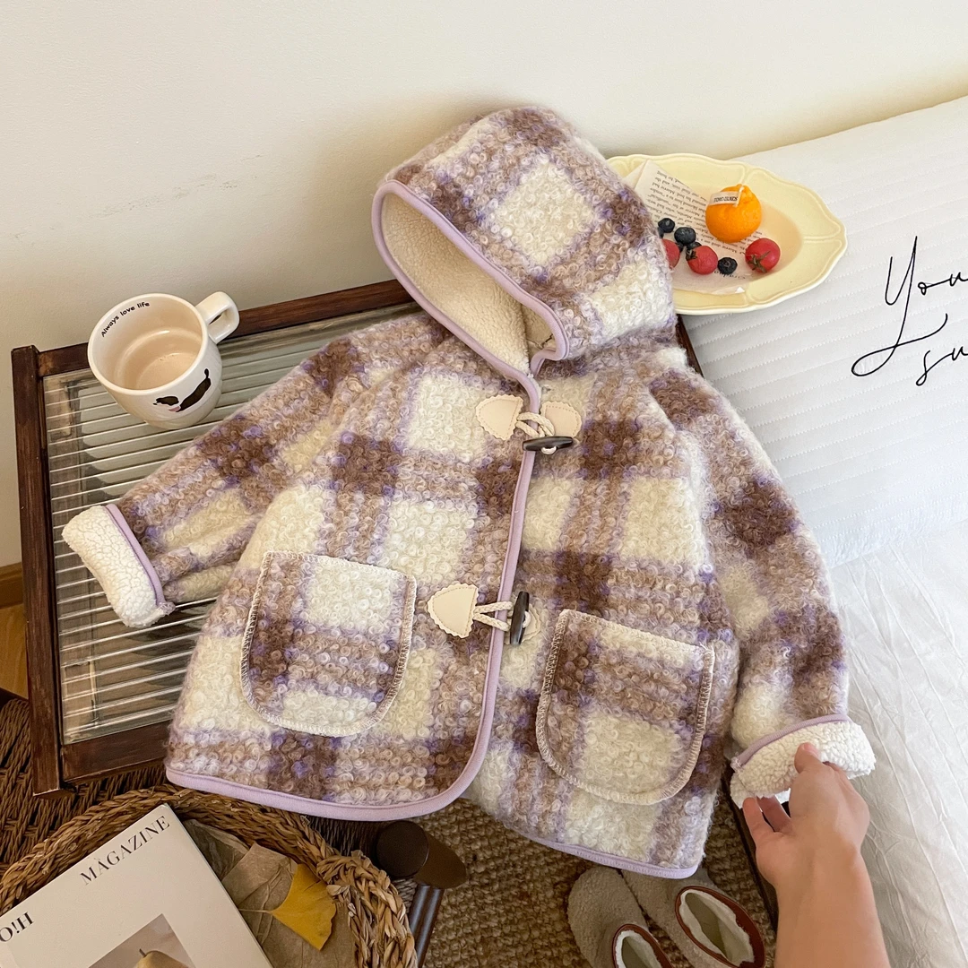 秋冬女童格子外套韩版连帽加绒毛呢大衣羊角扣外套