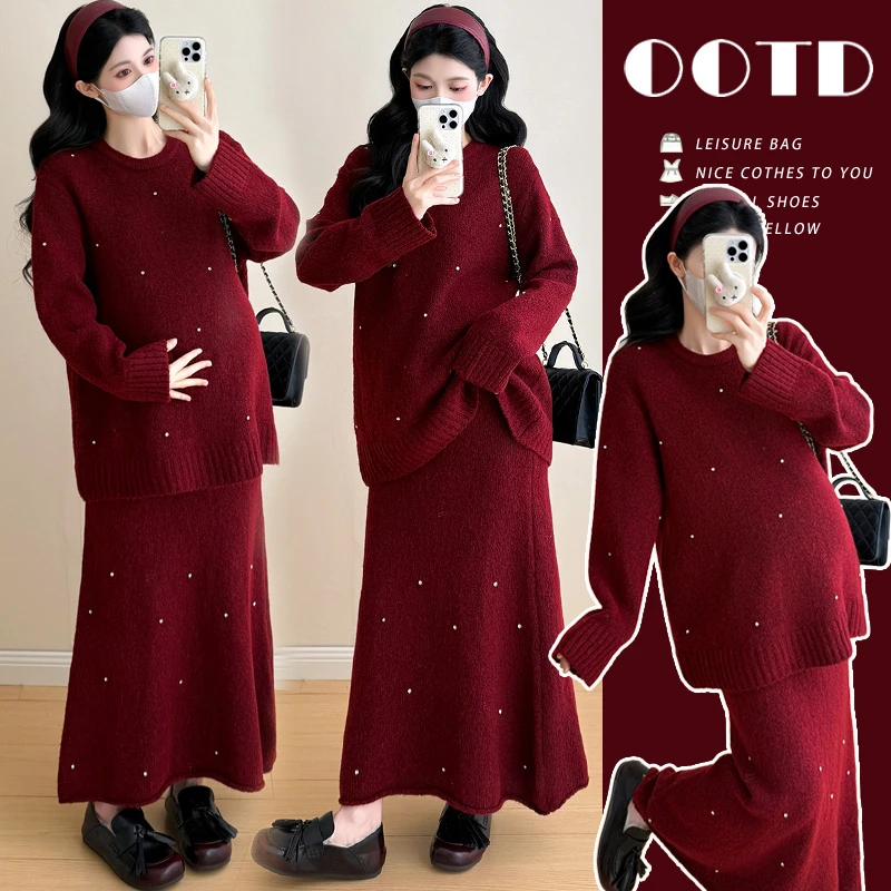 KIKI~2025孕妇秋冬装新款套装加厚气质宽松毛衣女大摆半身裙
