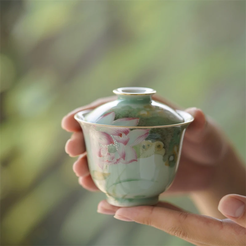YYSF8118[学茶严选]老豆青釉荷韵盖碗陶瓷茶器