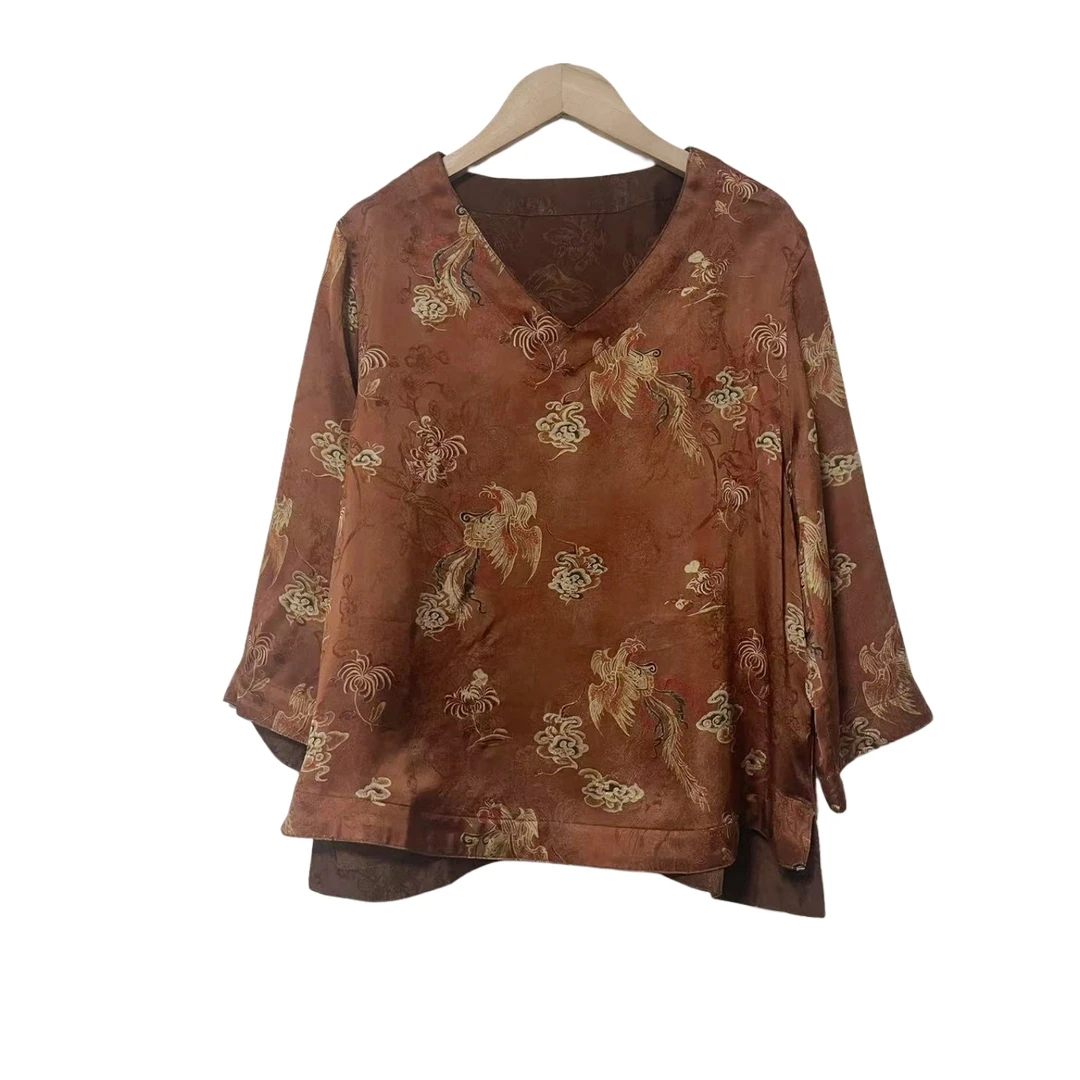 【凤凰于飞】中式国风重锻香云纱老料V领七分袖不规则凤凰