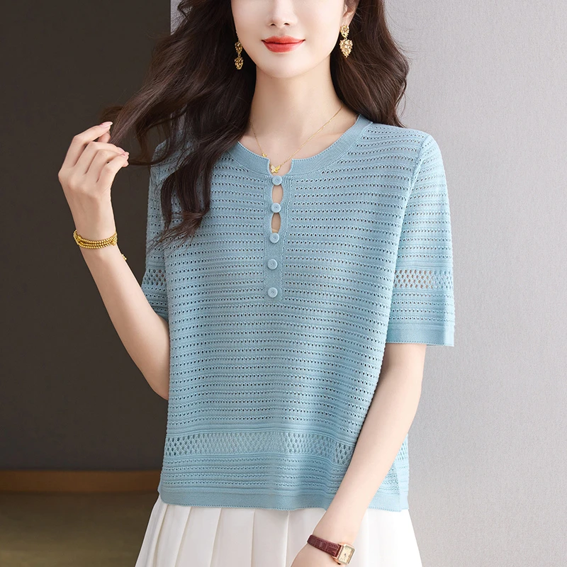 时尚休闲小衫夏季2025新款镂空冰丝上衣大码显瘦短款短袖t恤气质