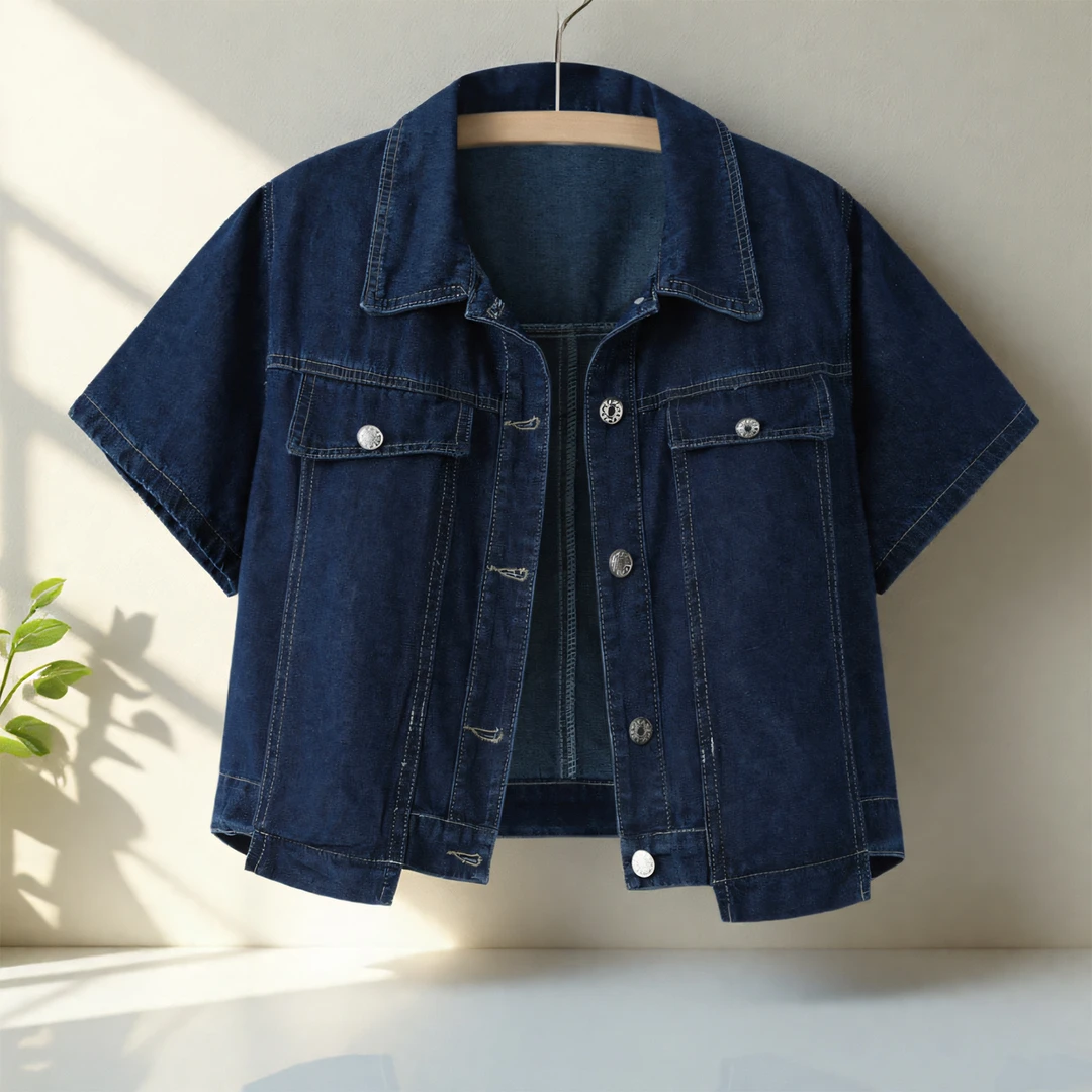 2025新款复古时尚翻领短袖设计感小个子牛仔短外套女夏季显瘦薄款