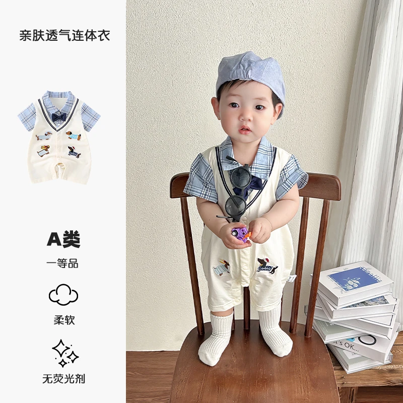 婴儿夏季新款连体衣新生儿男宝夏装薄款短袖哈衣小绅士外出服爬服