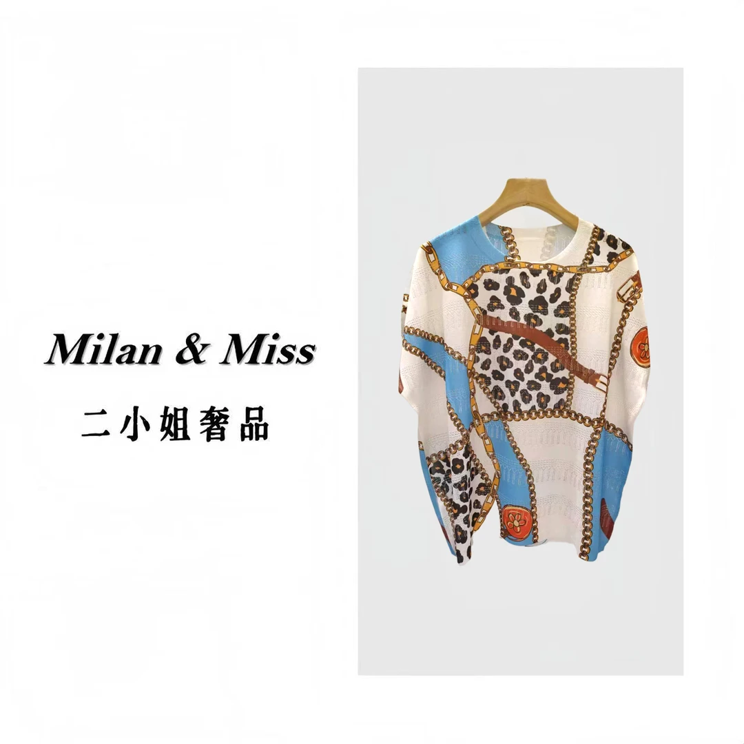 仿天丝豹纹锁链花印花图案短袖针织衫时尚圆领套头