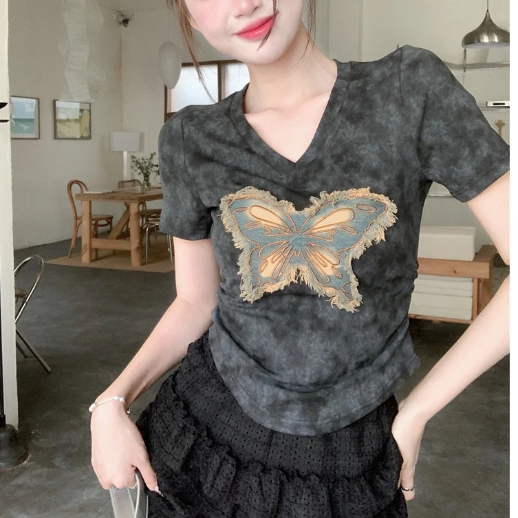 胖MM照 88235V领褶皱t恤女夏季蝴蝶拼接上衣辣妹百搭正肩短袖上衣