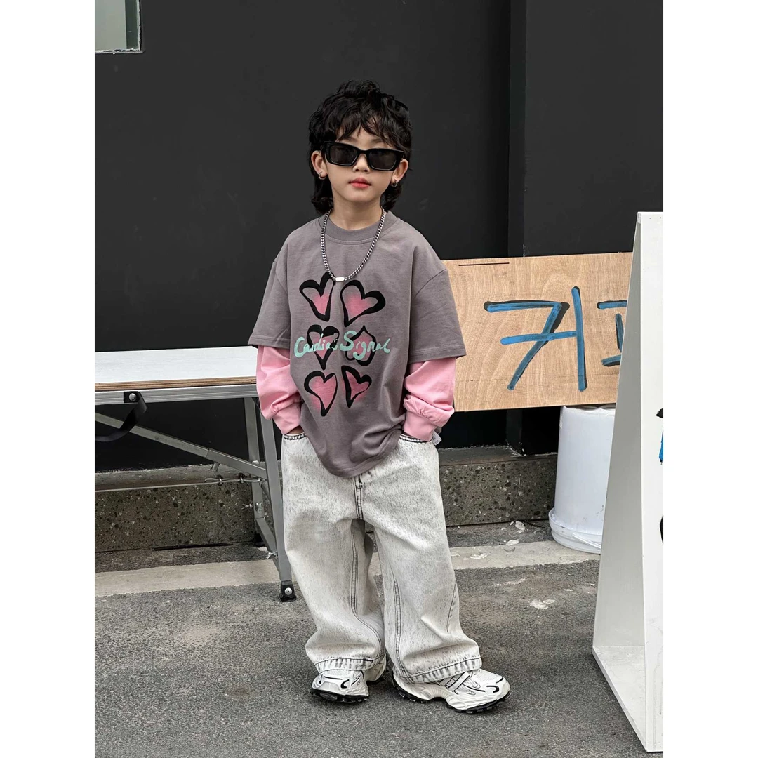 GXM2025年春季新款儿童T恤男童中小童长袖上衣时尚百搭韩版宽松