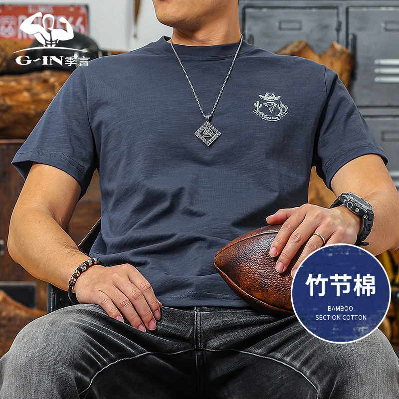 季言竹节棉男士短袖t恤2025新款圆领印花 美式复古上衣透气半袖潮
