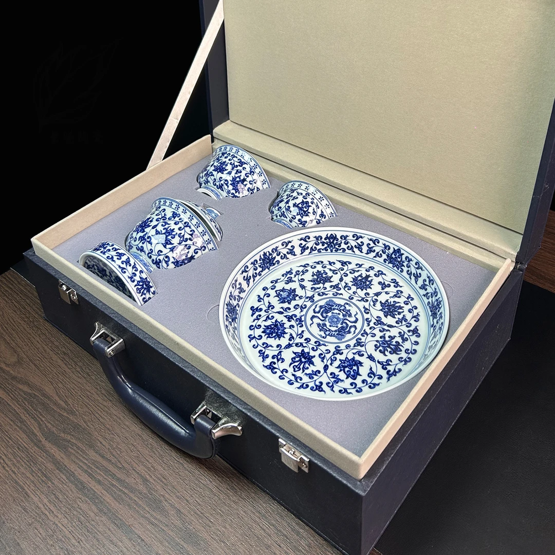 景德镇七承堂青花缠枝莲盖碗茶杯功夫茶具套装家用中式送礼礼盒装