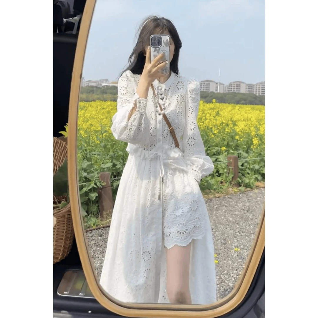 2025新款女设计感小众镂空白色蕾丝裙法式重工长袖连衣裙裙子套装