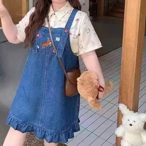 减龄大码胖mm牛仔背带裙2025新款女孩夏季薄款牛仔裙童趣学院风裙