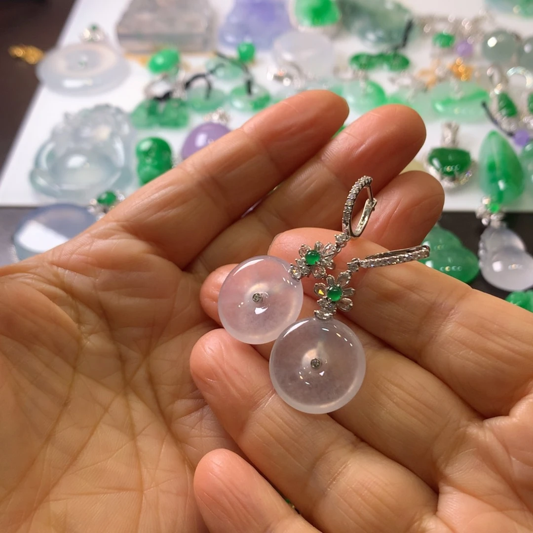 翡翠18K金镶嵌耳饰天然翡翠A货平安扣耳坠