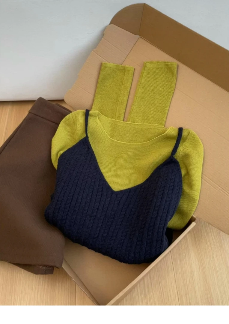 韩系风藏青色针织马甲叠穿长袖打底衫两件套上衣女秋季2025高级感