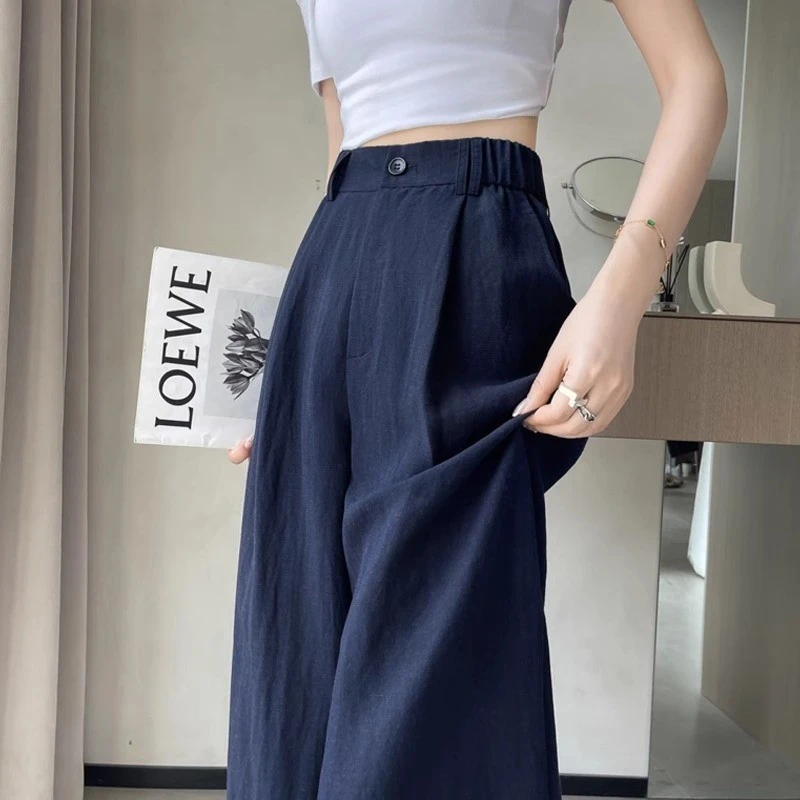 藏青色亚麻阔腿裤女夏季薄款高腰宽松显瘦冰丝垂感棉麻西装裤女士