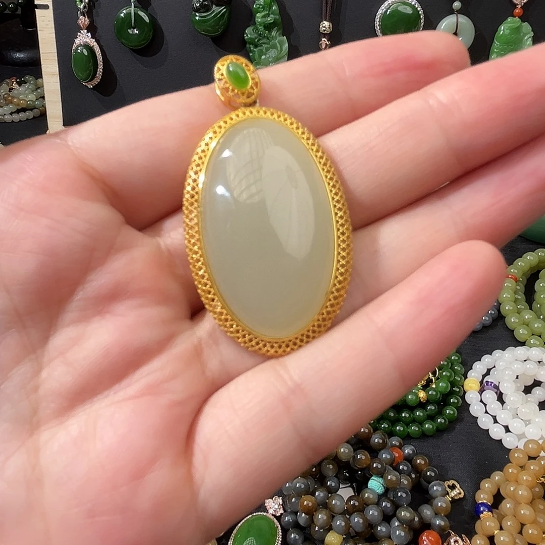 和田玉银S925镀金镶嵌吊坠(不含链)