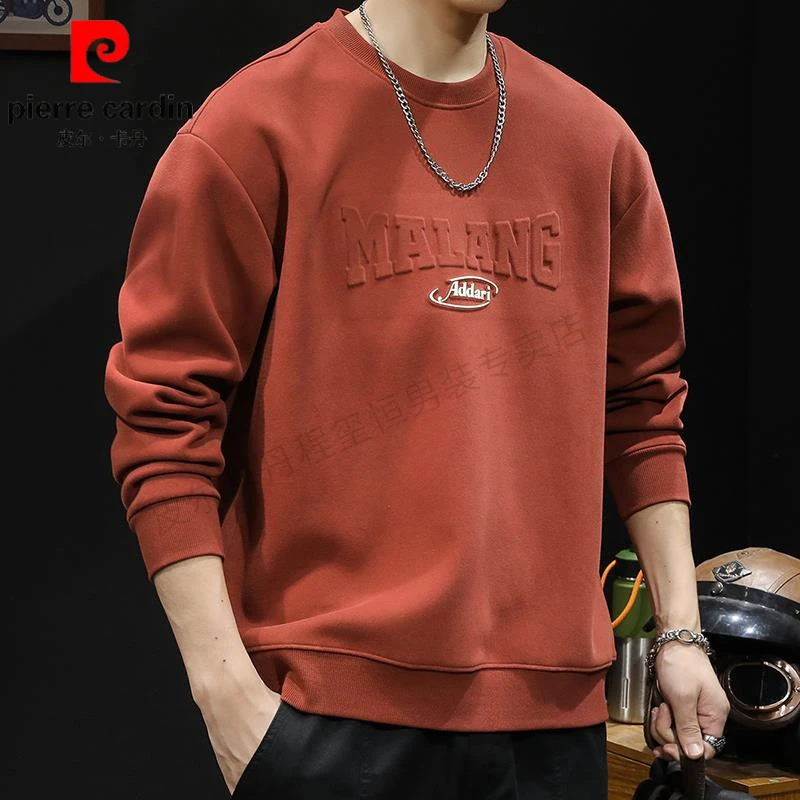 皮尔卡丹红色加绒卫衣秋冬圆领本命年衣服新款长袖蛇年大码男装潮