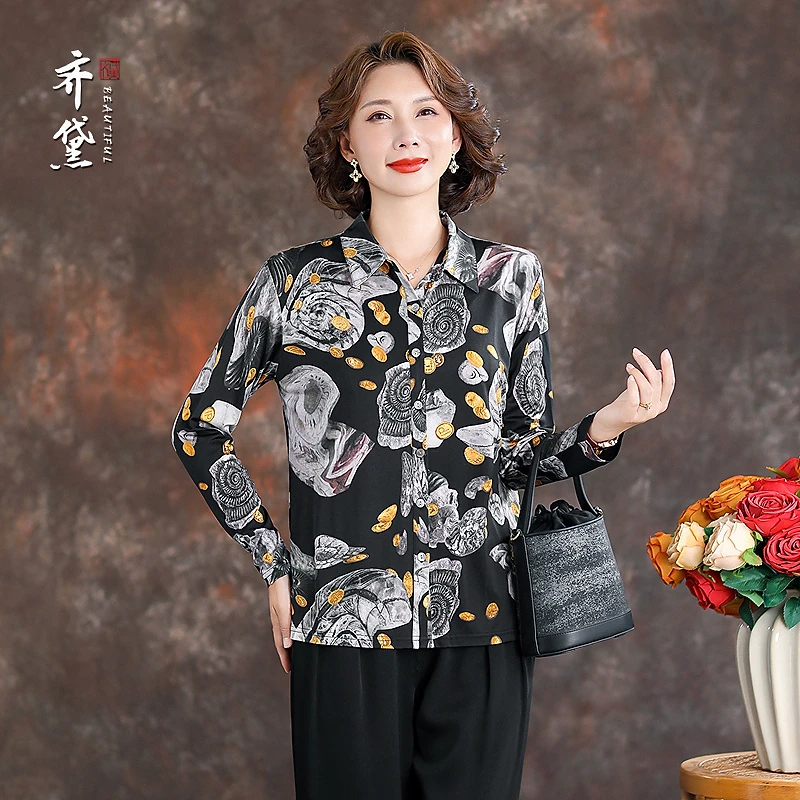 齐黛真丝桑蚕丝衬衫女2025秋季新款长袖翻领印花洋气减龄妈妈衬衣
